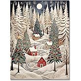 uoyien Vintage Christmas Canvas Wall Art Retro Folk Artwork Gifts for Kids Painting Prints Winter Pine Rustic Posters Decor Farmhouse Aesthetic Xmas Room Wall Picture 16x22in Unframed