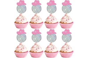 Cyodoos 24 Sparkling Disco Ball Cowboy Hat Cupcake Topper Western Disco Ball Paper Cupcake Topper Selection Birthday Disco 2000s Theme Party Single Women's Birthday Party Supplies Pink