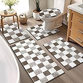 Yamaziot Checkered Bathroom Rug Sets 5 Piece, Non-Slip Ultra Absorbent Microfiber Bath Mats, Machine Washable Plush Shag Ultra Soft Bath Rug for Bathroom, Shower, Brown