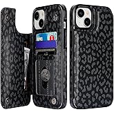 HAOPINSH for iPhone 15 Plus Wallet Case with Card Holder, Black Leopard Cheetah Pattern Back Flip Folio PU Leather Kickstand Card Slots Case for Women Girls, Double Magnetic Clasp Shockproof 6.7"