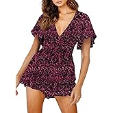 AIMCOO Women's Floral Print Deep V-Neck Romper Double Layer Ruffle Hem Jumpsuits Short Flare Sleeves Waist Tie Short Rompers