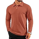 Mens Casual Polo Shirts Long Sleeve Striped Textured Slim Fit Lightweight Soft Classic Collared Golf Shirts