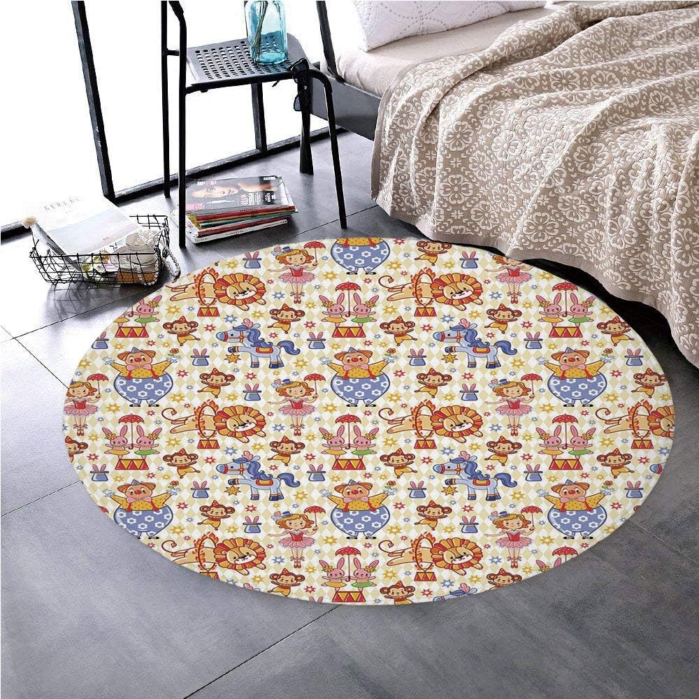 Memory Foam Round Area Rug Floor Kitchen Carpet, Kids,Carnival Circus Theme with Cheerful Mascots Monkey Lion Bunny Acrobat Girl and Clown,Multicolor, Soft Flannel Non-Slip Absorbent Mat №10394