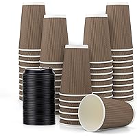 Fasmov 80 Pack 16 oz Disposable Double Walled Hot Cups with Lids, Coffee Cups, No Sleeves needed Insulated Ripple Wall Hot Co