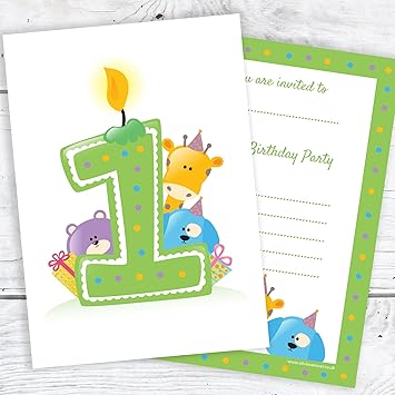 First Birthday Party Invitations Green Candle And Animals Design