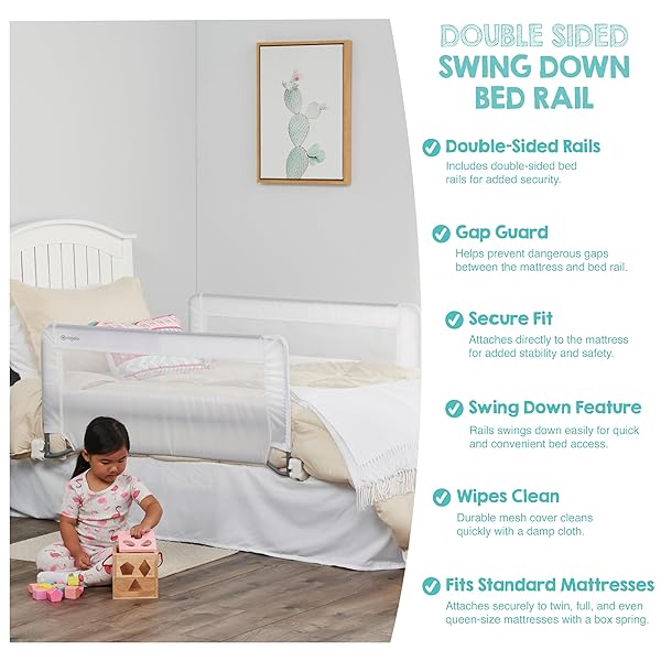 REGALO SAFETY DOUBLE-SIDED SWING DOWN BED RAIL GUARD (2-PACK), TODDLER BED RAIL FOR TWIN TO QUEEN BEDS, EXTRA LONG 43”, REINFORCED ANCHOR SYSTEM, EASY INSTALL, WHITE
