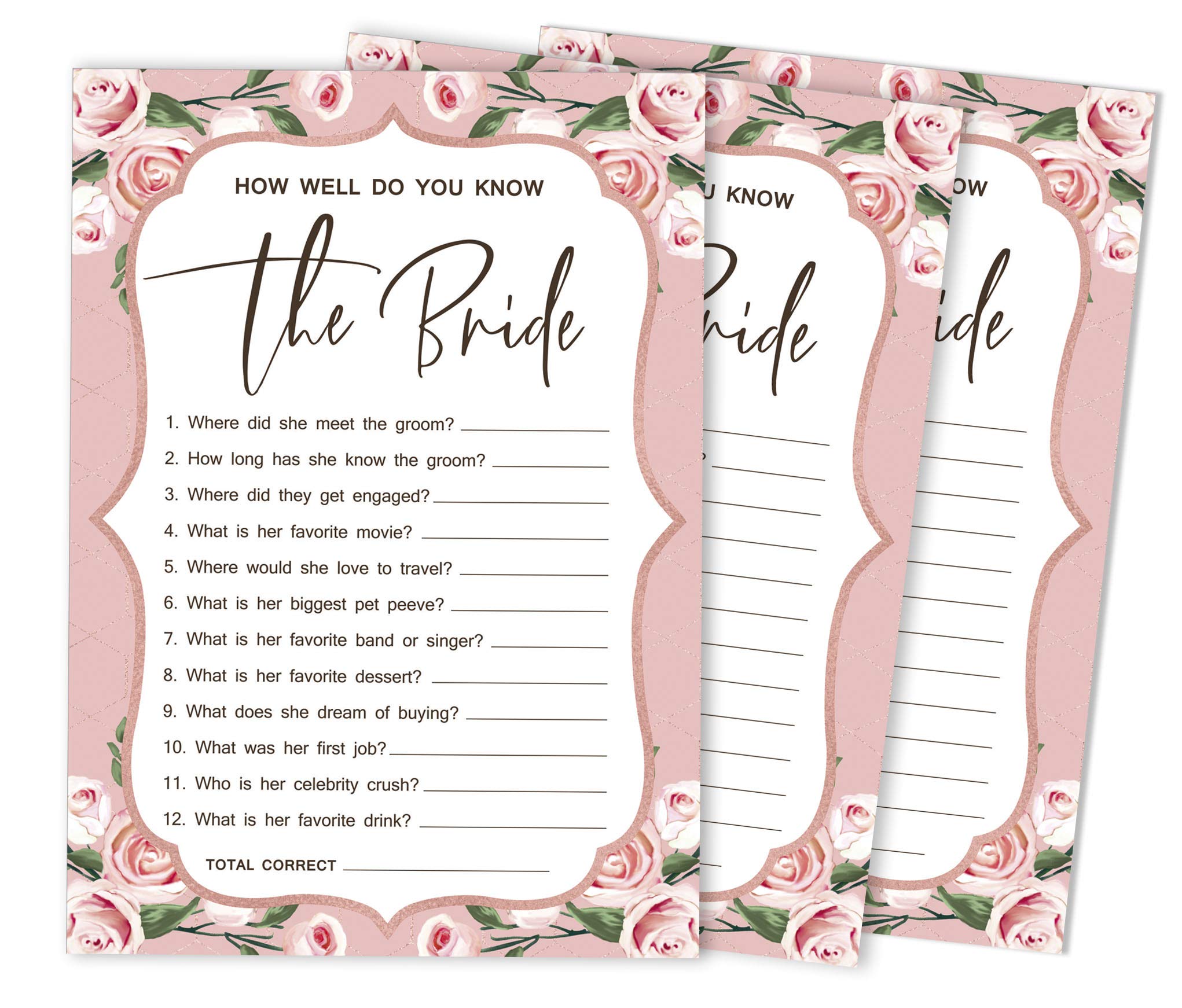 Inkdotpot 50-Pack Floral bridal gown How Well Do You Know The Bride Bridal Shower Bachelorette Party Game Who Know The Bride Best Activity Cards