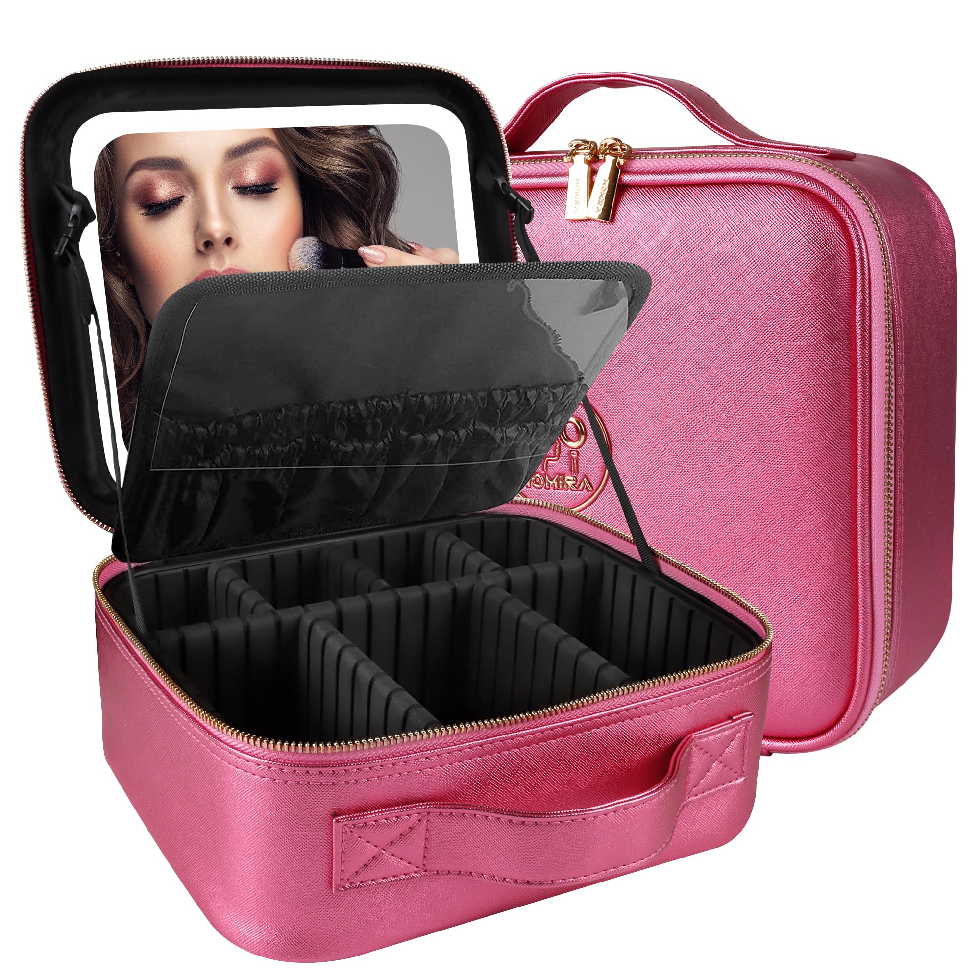 MOMIRA Travel Makeup Bag Cosmetic Bag Makeup Organizer Bag with Lighted Mirror, Adjustable Brightness in 3 Color Scenarios, Waterproof Makeup Train Case, Gift for Women - Brilliant Rose Image
