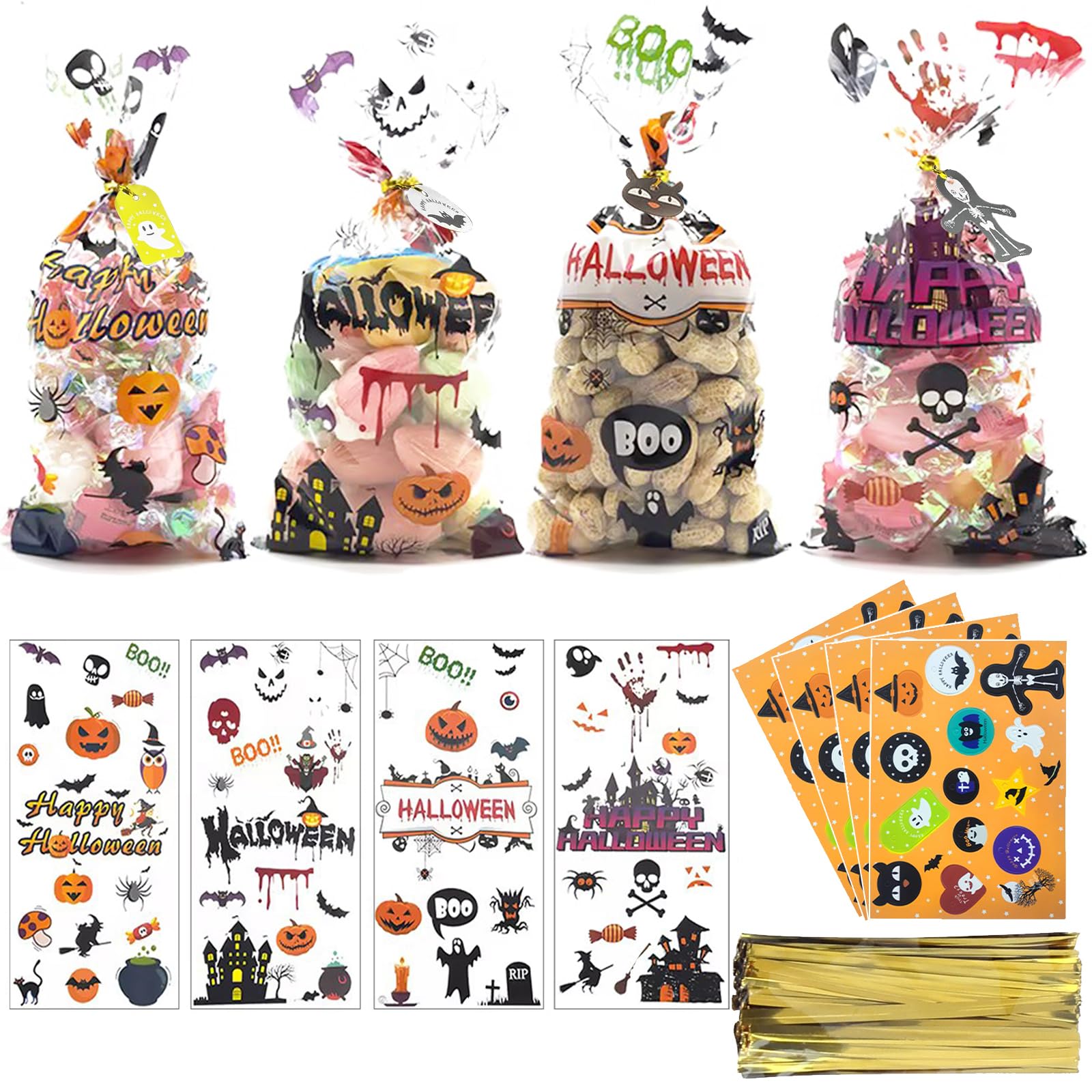 IHCEMIH Party Gift Bags, 200 PCS Halloween Bag Cellophane Treats Bags Goodies Sweet Cookie Candy Trick or Treat Clear Cello Bag with 220 Twist Tie and Hanging Tag for Halloween Party Favours Supplies