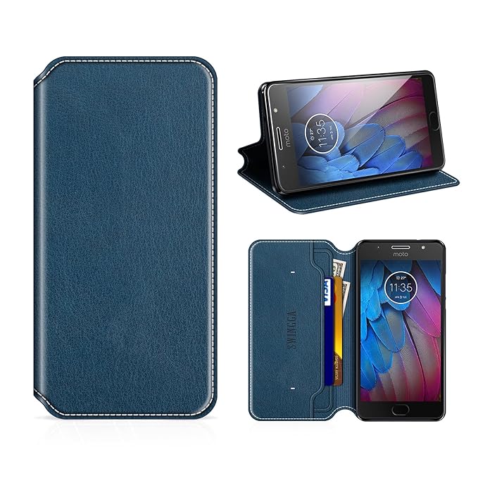 Swingga Motorola Moto G5S Hülle, Handyhülle Premium Leder Tasche Flip Case Schutzhülle für Motorola Moto G5S,Dunkel Blau