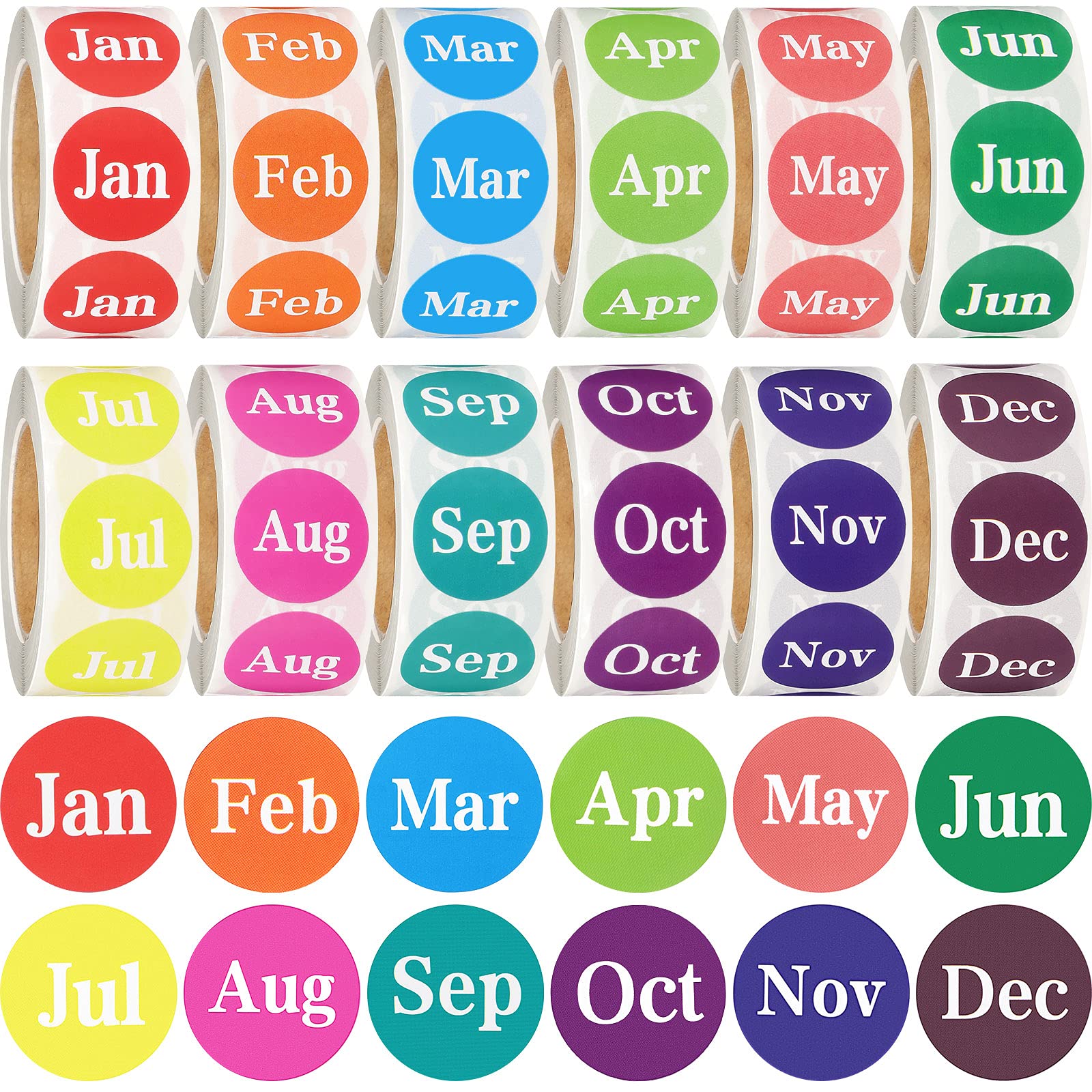 Photo 1 of 12 Rolls 1 Inch Round Month Labels, 12 Months of The Year Labels Monthly Adhesive Sticker Color Coding Month Tag Decorative Sticker, 500 Pieces Per Roll