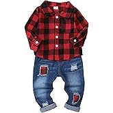 NZRVAWS Toddler Baby Boy Clothes Infant Plaid Pocket Shirt Denim Ripped Jean Pants Outfits Set 6-24 Months 2-5T