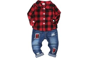 NZRVAWS Toddler Baby Boy Clothes Infant Plaid Pocket Shirt Denim Ripped Jean Pants Outfits Set 6-24 Months 2-5T