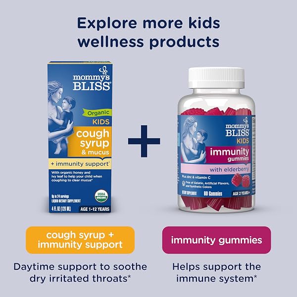 MOMMY’S BLISS KIDS ORGANIC COUGH SYRUP & MUCUS RELIEF FOR NIGHT TIME, AGAVE & HONEY, IVY LEAF, ZINC, VITAMIN C, COUGH SYRUP FOR KIDS, +HERBAL NIGHTTIME BLEND, 4 FL Z