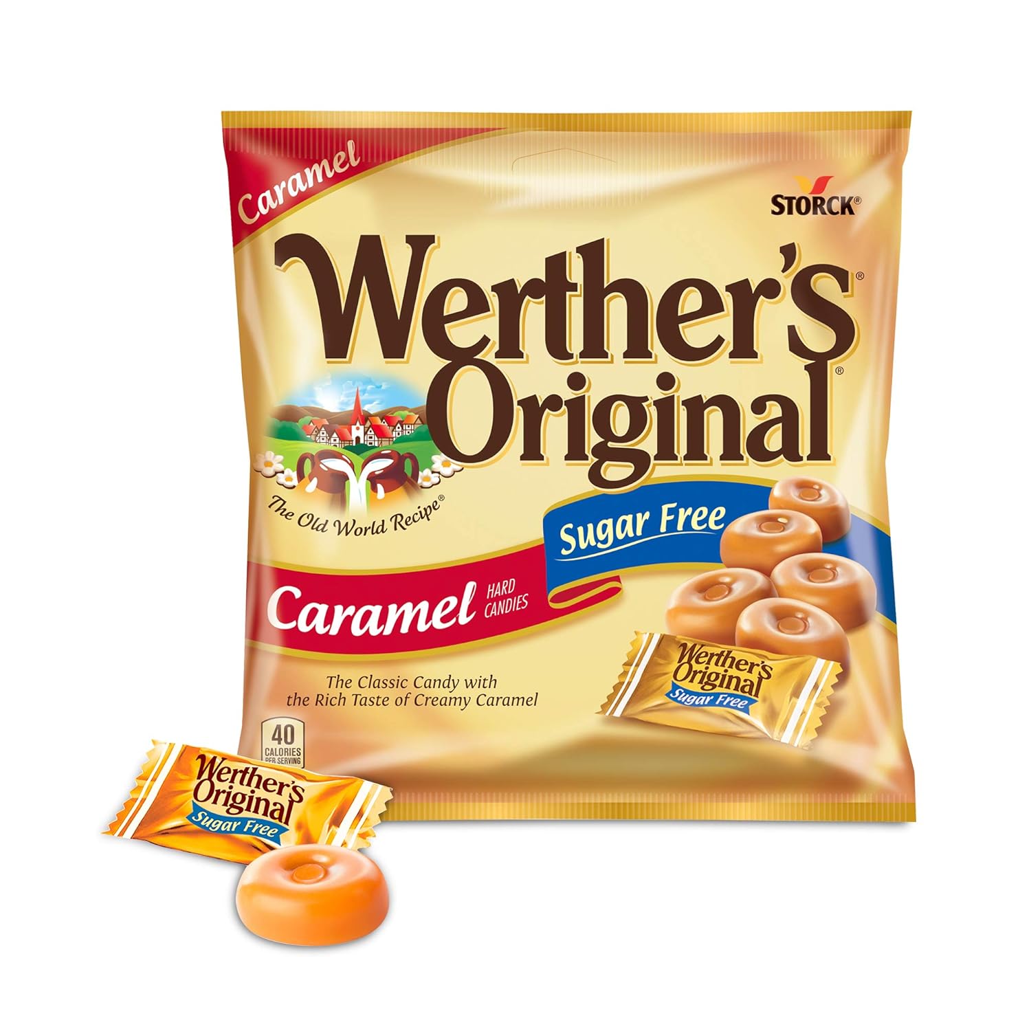 WERTHER'S ORIGINAL Sugar Free Caramel Hard Candy, 1.46 Ounce Bag (Pack of 12), Hard Candy, Bulk Candy, Individually Wrapped Candy Caramels, Caramel Candy Sweets, Bag of Candy, Hard Candy Bulk