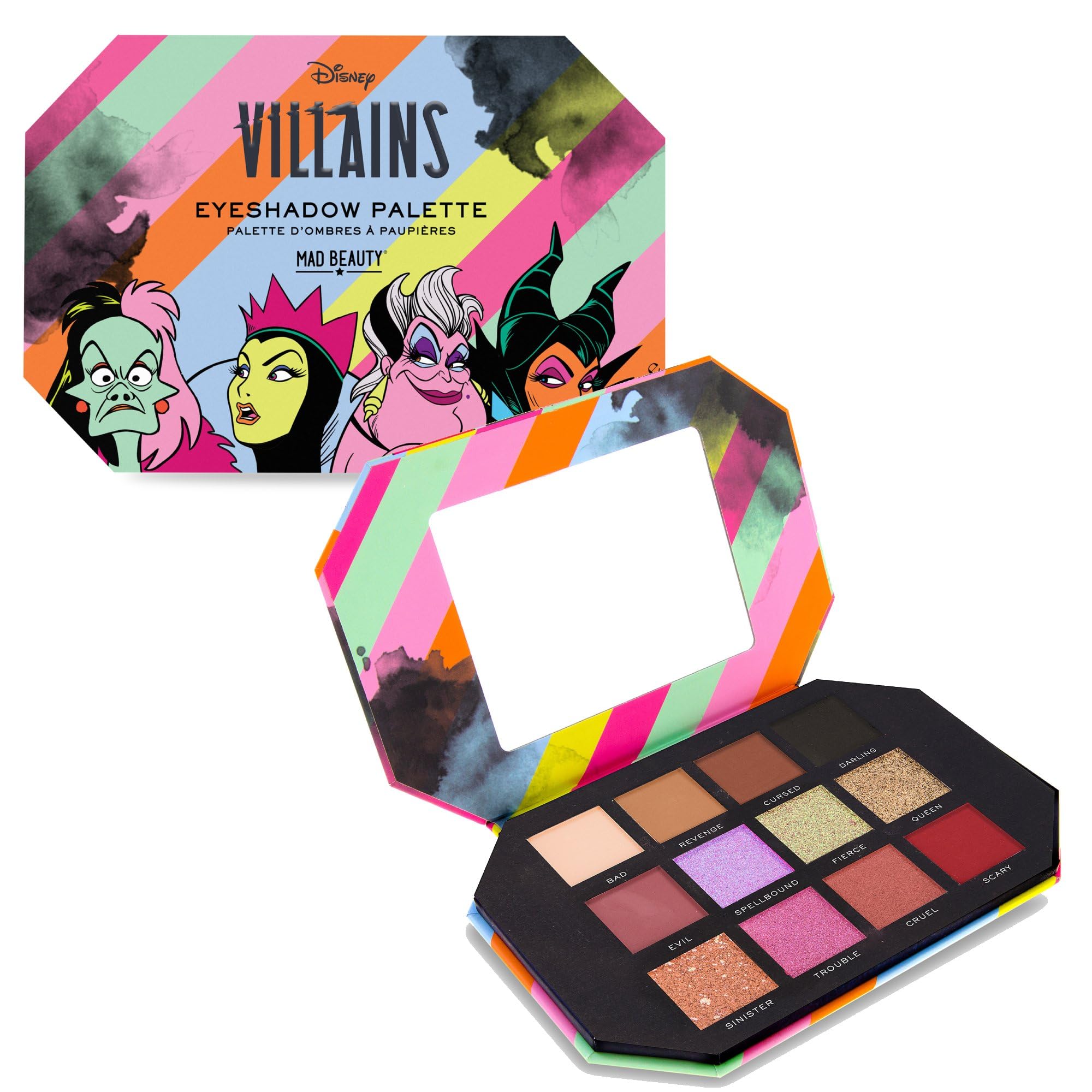 Disney Villains Eyeshadow Palette, 12 Colour Shades & Mirror | Mad Beauty | Cruella de Vil, Evil Queen, Ursula, Maleficent, Wicked Fun Gift, Beauty