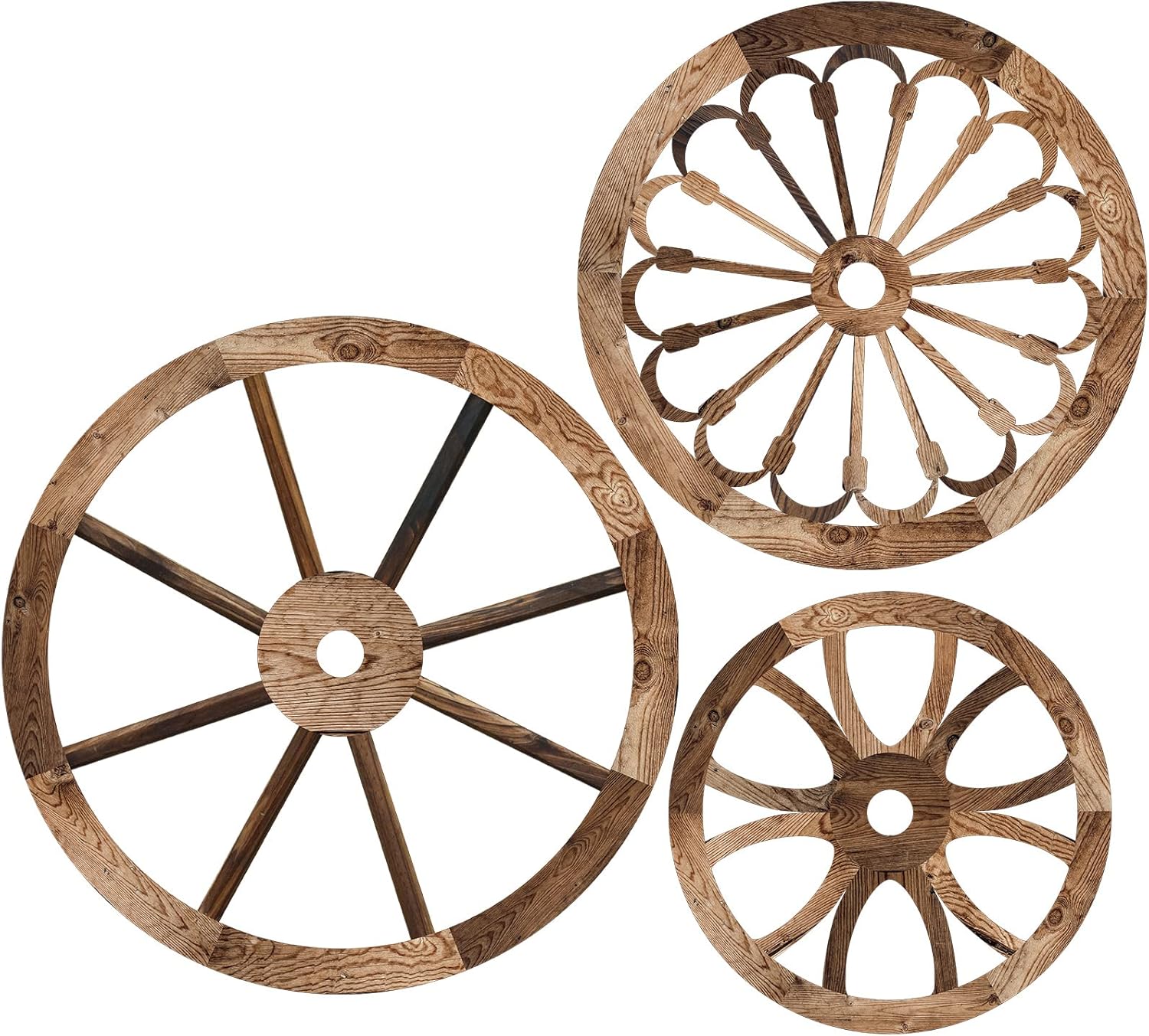 Plaques & Wall Art - 3 Piece Wooden Wagon Wheel Wall Decor 12/10/8 Inch Old West Wagon Wheel Wall Art Farmhouse Wagon Wheel Rustic Yard Decor Wood Hanging Decorative Wheels for Indoor and Outdoor Garden Home Bar Garage