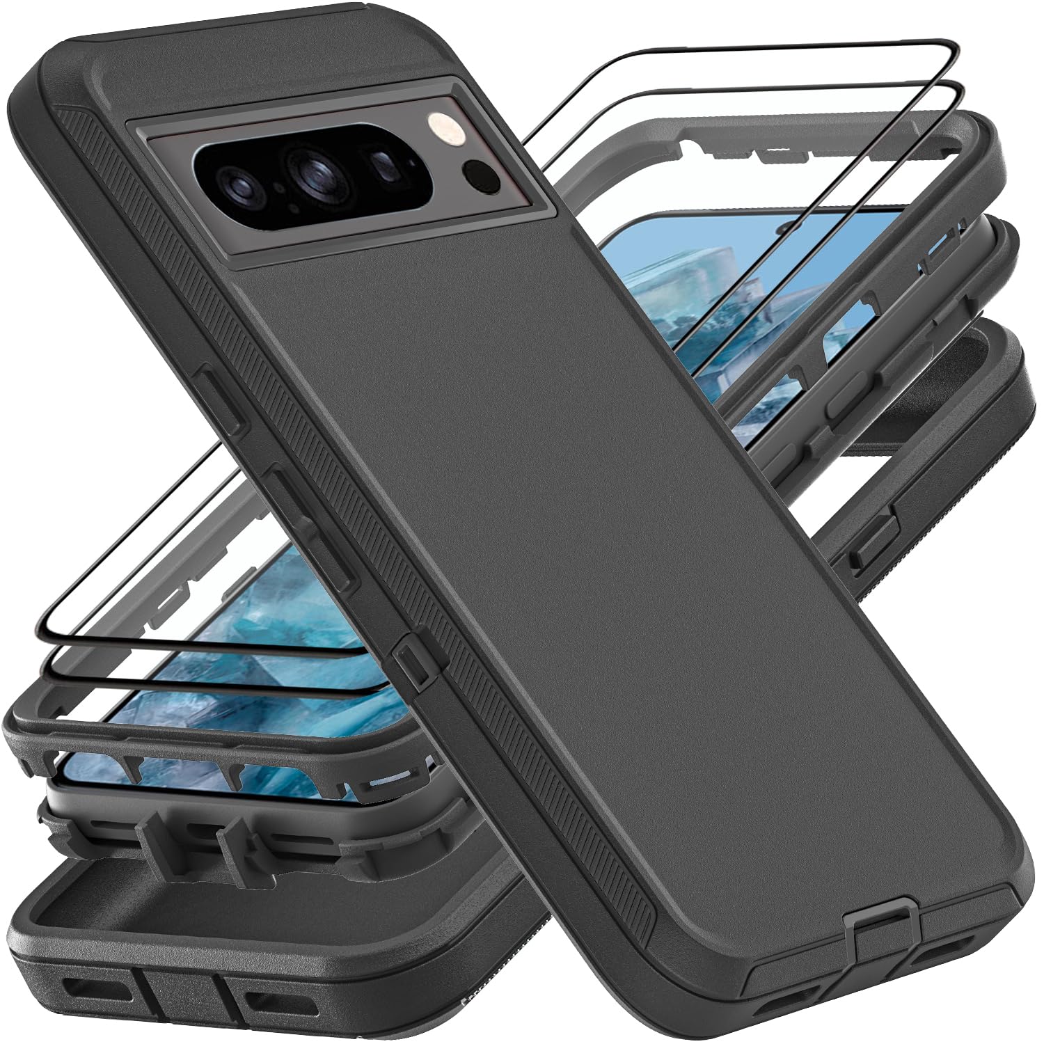 YKHJKLEC for Google Pixel 8 Pro Case, Military Grade 3 in 1 Heavy Duty Shockproof/Drop Proof/Dust Proof Case with 2Pcs Tempered Glass Screen Protector (Black/Black)