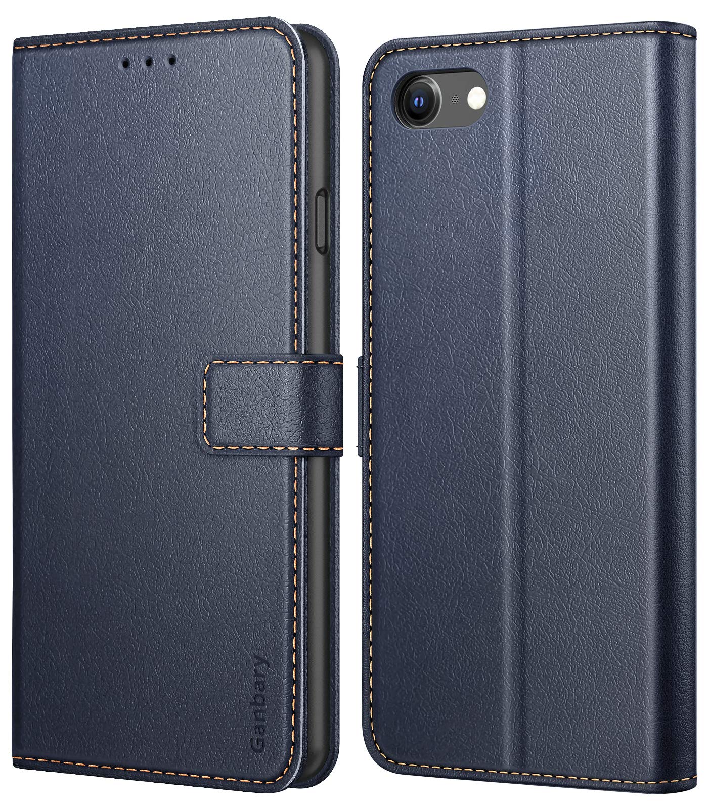 Ganbary Case Compatible with iPhone SE 2022/2020/8/7, Premium PU Leather Flip Wallet Case [Full Protection] [Card Slots] [Kickstand], Dark Blue