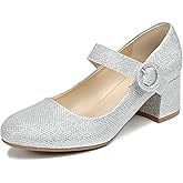 Mary Janes for Women Silver Chunky Heel Ankle Strap Womens Dress Shoes Close Rounded Toe Dress Shoes for Women Low Mary Heels Pumps Size 7.5 Glitter