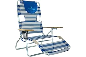 Ostrich 3N1 Lightweight Lawn Beach Reclining Lounge Chair with Footrest, Outdoor Furniture for Patio, Balcony, Backyard, or Porch, Blue Stripe