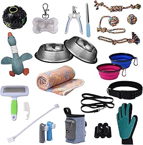 New Puppy Starter Kits, Puppy Trainning Essentials Pack for Small Dog, 24pcs Pet Supplies Welcome Gift Set,Includes:Dog Toys/Dog Bowls/Dog Collar/Dog Clippers/Dog Leash/Dog Brush
