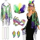 Fantasyon 7 Pcs Mardi Gras Outfit for Women Mardi Gras Shawl Scarf Costume with Feather Headband 3 Beads Necklaces Earrings Mask for Carnival Accessories Parade Masquerade Party Favors