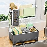 Sincereshe Kitchen Sink Caddy with Stainless Steel Towel Holder, Handy Sponge Holder for Kitchen Sink with Extending Drain Spout, No-Tool Assembly Space Saver for sink Countertop Accessories(Gray)