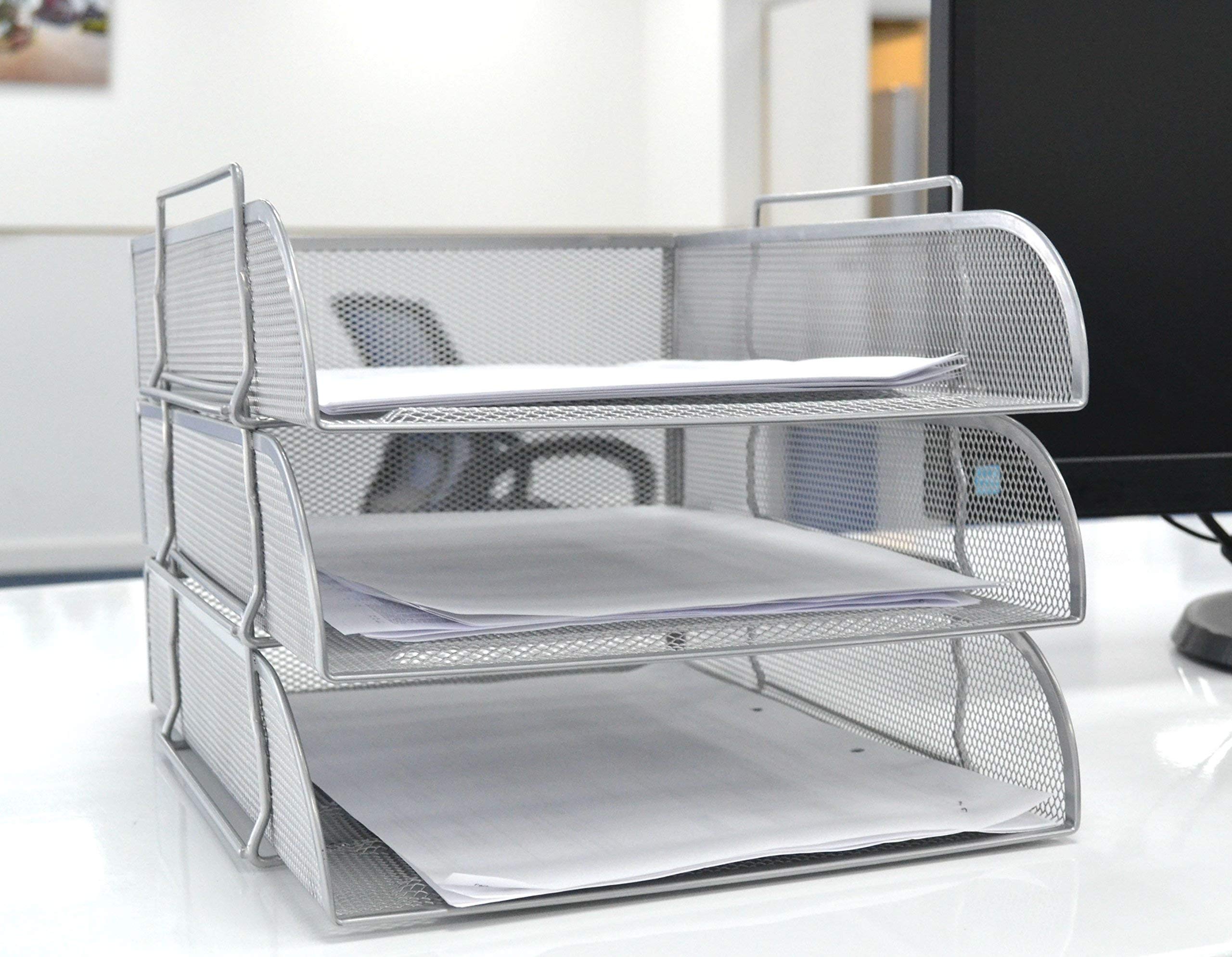 Shine Mesh Filling Front Load 3 Trays Letter File Storage Rack Holder Tray Organiser Desktop Office