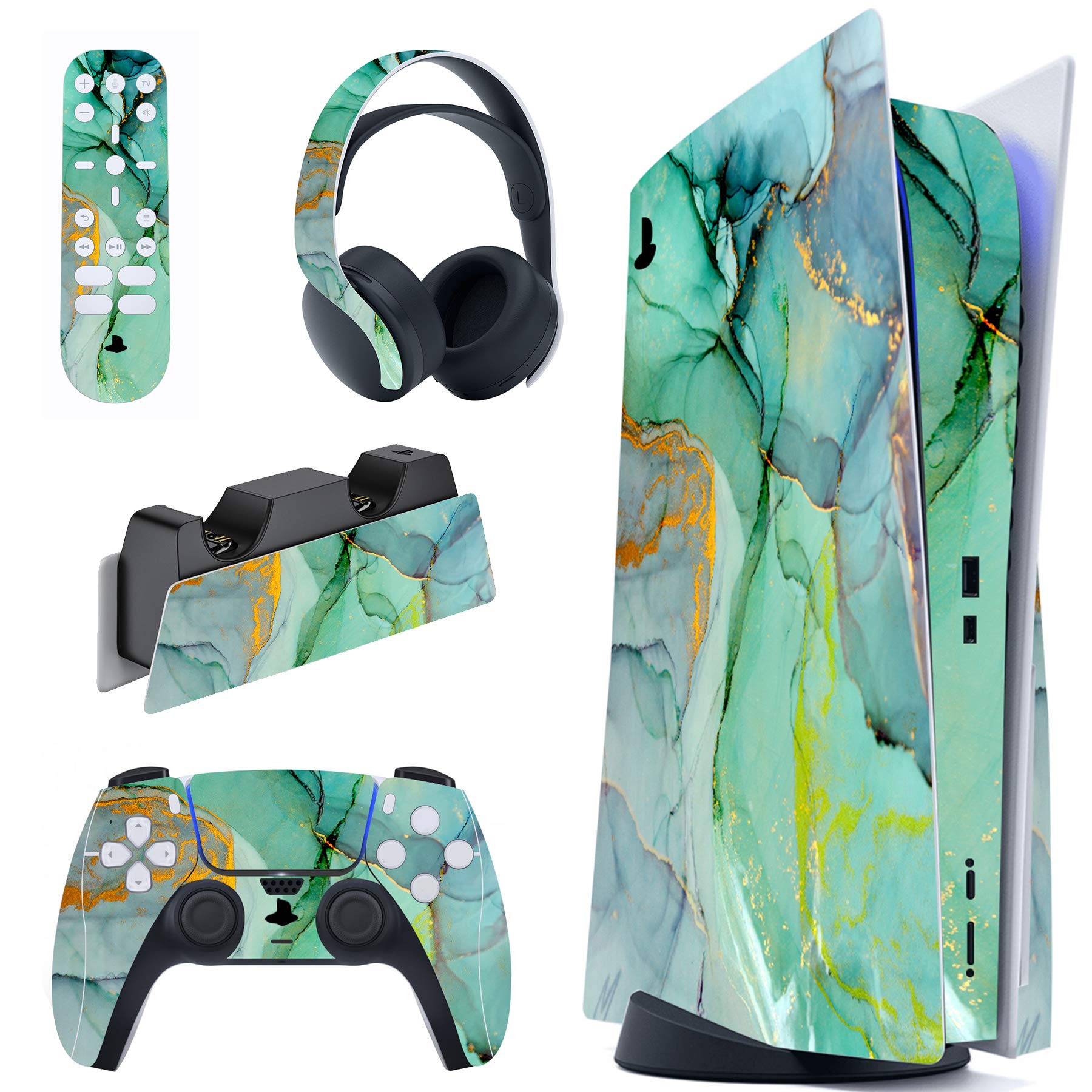 Turquoise Marble Effect Full Set Skin Decal for ps5 Console Disc Edition, Sticker Vinyl Cover for ps5 Controller & Charging Station & Headset & Media Remote