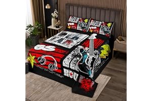 Manfei Rock Roll Bedspread Queen Size Headset and Guitar Print Quilted 3 Pieces Coverlet Set with 2 Pillowcases Music Theme Oversized Bedding Quilt for Kids Boys Girls Room Decor