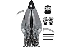 DEGEYOYO Grim Reaper Costume, Halloween Hooded Cloak, Cosplay Costumes for Adult, Grim Reaper Cape with Scythe, Skull Mask, Gloves
