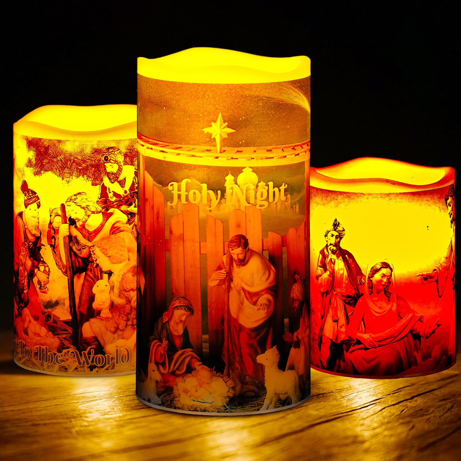 Photo 1 of 3 Pieces Christmas Flameless LED Candles Devotional Prayer Decor with Timer Warm White Battery Operated Electric LED Holy Night Candle Lights for Christmas Party Home Decor
