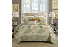FineStichery 100% Cotton Oversized Quilt Bedspread 120"x120", Lightweight King Bedspreads Coverlets, Extra Large Floral Quilt, Quilted Reversible Bedding Cover, 3 Piece, Green