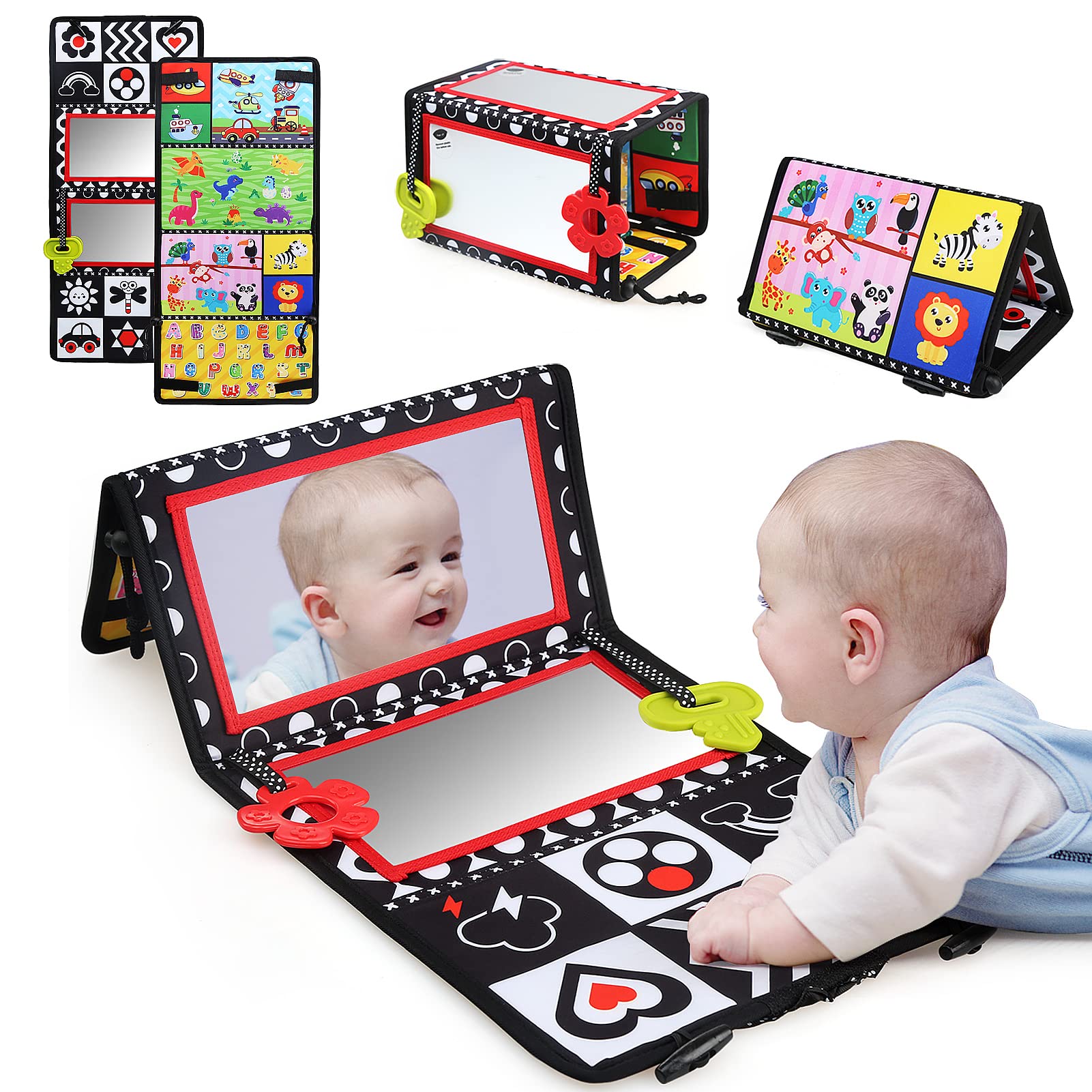 LEADSTAR Tummy Time Mirror Toys,Baby Floor Mirror Foldable Black and White Sensory Toy,High Contrast Patterns Developmental Montessori Crawling Toy for Newborn Infant Toddler 0 3 6 12 Months Gift
