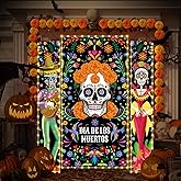 Preboun 3 Pcs Lighted Day of the Dead Porch Sign Banner with LED Lights Halloween Decorations Dia De Los Muertos Day of the Dead Sugar Skull Marigold Flower Door Banner with Light for Halloween Decor