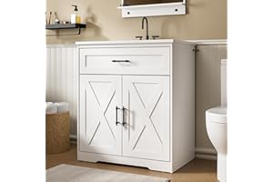 AMADA HOMEFURNISHING Amada 30″ Bathroom Vanity with Ceramic Sink, Farmhouse Undermount Vanity Sink Cabinet with 2 Doors and 1 Drawer, Free Standing Bathroom Cabinet with Sink Combo Set, White