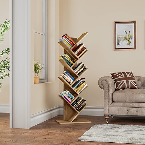 YITAHOME Tree Bookshelf, Floor Standing Book Shelf, Tall Industrial Wooden Shelves Bookcase, Display Storage Shelving Units for Living Room,Home,Office - Wood Color Book shelves