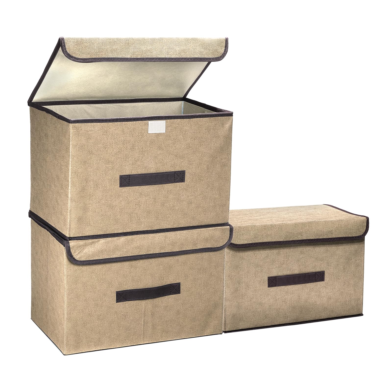 PATIKIL Fabric Collapsible Storage Bin 14.2 x 9.1 x 9.4 Inch, 3 Pcs Foldable Storage Box Cube with Lids and Handle Organizer Container for Home Bedroom Closet Clothes, Cream