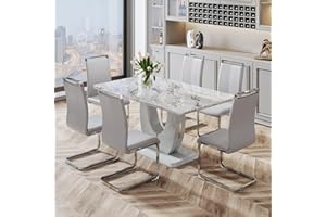 JUFU Modern Dining Table Set for 6,Rectangula Kitchen Table Set with Faux Marble Tabletop＆6 Pu Leather Upholstered Chairs Ideal for Dining Room, Kitchen