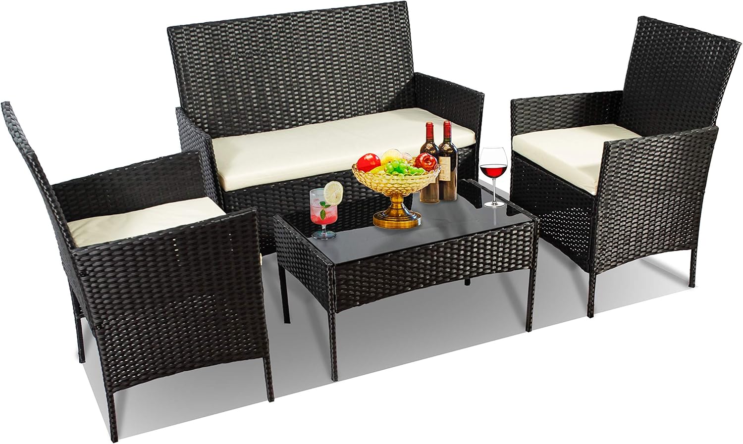 4 PC Wicker Patio Outdoor Furniture Conversation Sets, 2-Single Chairs 1-Piece Love Seat and Glass Coffee Table with Cushion Rattan Deck Set for Bistro Porch Yard Balcony Lawn (Black-Beige)