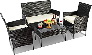 4 PC Wicker Patio Outdoor Furniture Conversation Sets, 2-Single Chairs 1-Piece Love Seat and Glass Coffee Table with Cushion Rattan Deck Set for Bistro Porch Yard Balcony Lawn (Black-Beige)