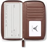 HISCOW Leather Checkbook Cover, Zippered Wallet with Card Slots, Brown | Full grain cowhide, 5cc &amp; ID window, personal check book &amp; register pockets, removable duplicate divider, women secure zipper