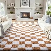 Ophanie Checkered Beige & White Rug for Living Room Bedroom, Fluffy Soft Cute Fuzzy Area Rugs, Shag Plush Shaggy Bedside Floor 8x10 Furry Carpet for Kids Baby Teen Dorm Nursery Home Decor Aesthetic