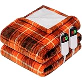 PTQ Electric Heated Blanket 84"x90",Fast Heating Queen with 8 Hours Auto Off/8 Heats Levels,Soft Orange Plaid Sherpa Electric Blanket with ETL Certification & Over-Heat Protection