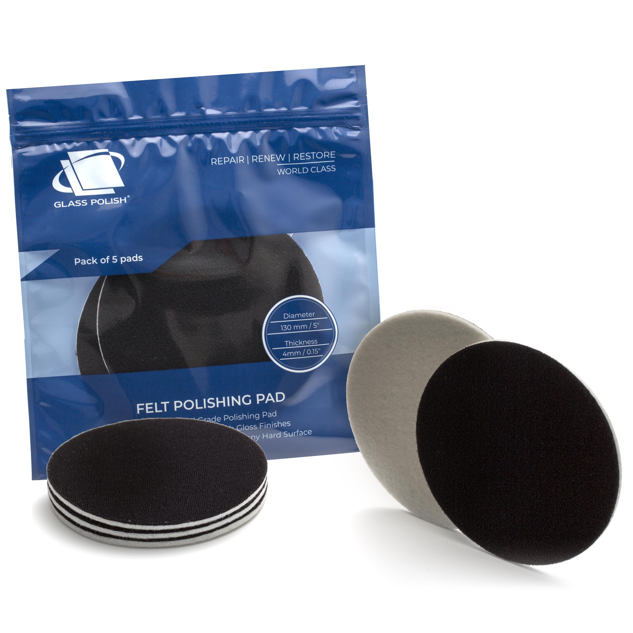 GLASS POLISH PRO Felt Polishing Pads 130mm (5”) - Pack of 5 Rayon Pads for Cerium Oxide Glass Polishing, Scratch Removal and High Gloss Finish on Glass, Plastic, Metal, and Marble