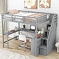 XD Designs Full Size Loft Bed with Built-in L-Shaped Desk and Bookshelves, Solid Wood Loft Bed Frame with Safety Guardrail and Storage Staircase for Kids Teens Adults, Maximized Space (Gray-Stair)