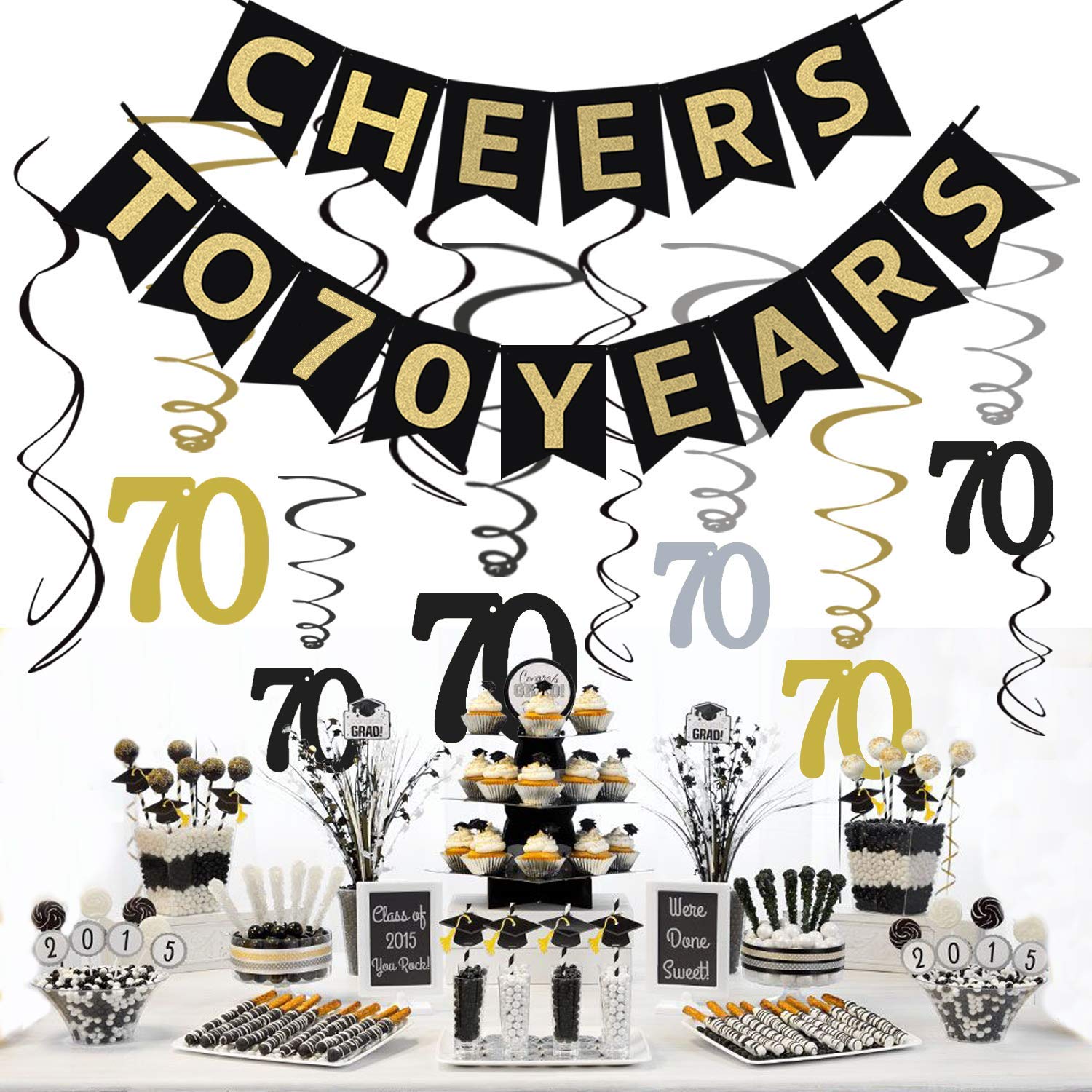 JeVenis 70th Birthday Party Decorations KIT - Cheers to 70 Years Banner Sparkling Celebration 70 Hanging Swirls Perfect 70 Years Old Party Supplies 70th Anniversary Decorations