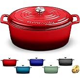 ROSSALLINI Signature Enameled Cast Iron Oval Dutch Oven | Non-Stick Serving Pot with Tight Fitting Lid for Perfect Roasting, Baking, Sauteing, and Bread Making | 5Q [Red]