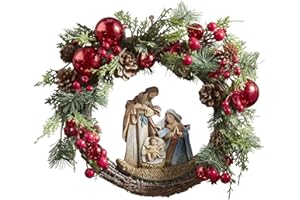 Avalon Gallery Luxury Christmas Wreaths - Evergreen with Pinecones & Berries Nativity Figurine Wreath, 15 inch, Red Ornaments